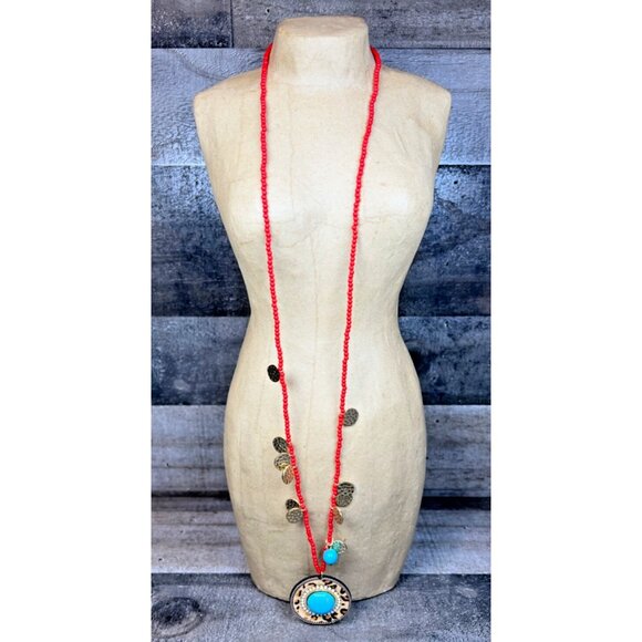 Plunder Necklace COLE - RED BEADED CHAIN,GOLD CIRCLES 33.5"-35.5"  New in Box - Picture 2 of 12